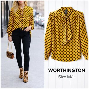 🤎 Worthington Yellow & Black Polka Dot Tie-Neck Blouse | NWT | Size M/L